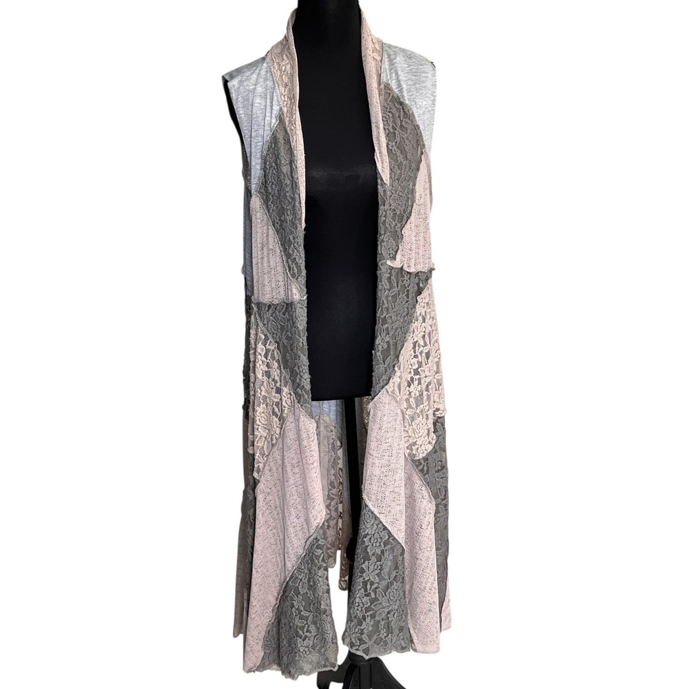 Dor Dor Couture Boho Patchwork Lace Duster Vest Open Front Long Layering Large